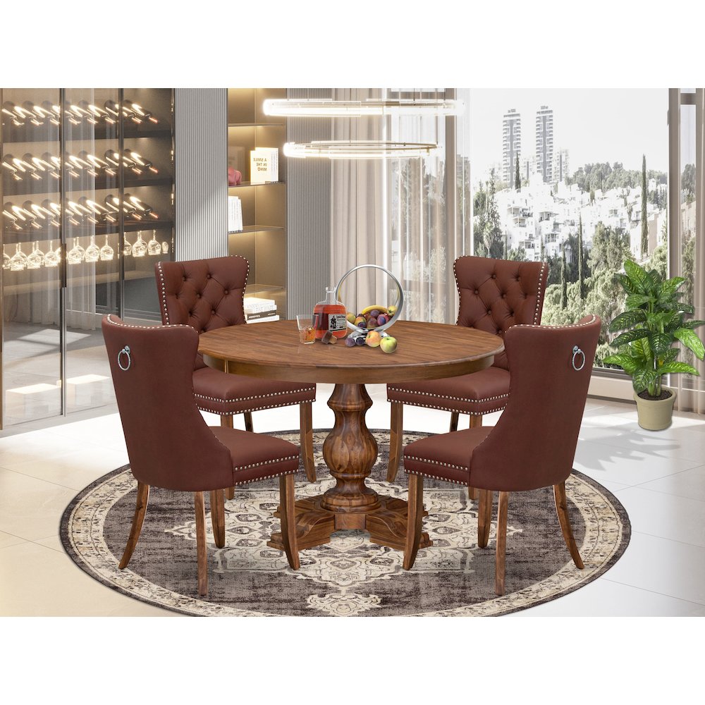 5-Pc Dining Room Table Set Contain A Wood Table, 4 Burgundy Upholstered Chairs