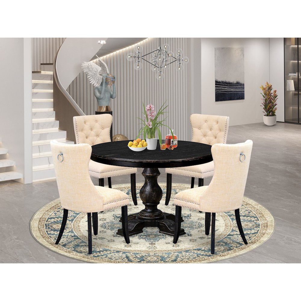 5-Piece Dinner A Modern Table And 4 Light Beige Linen Fabric Dining Chairs