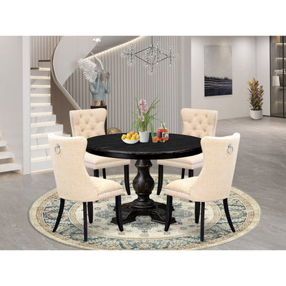 5-Piece Dinner A Modern Table And 4 Light Beige Linen Fabric Dining Chairs