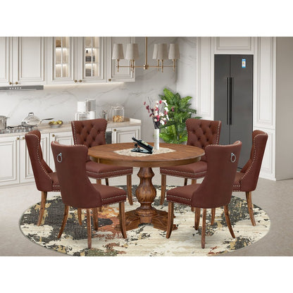 7-Pc Kitchen Table Set Include A Modern Table, 6 Burgundy Parson Dining Chairs