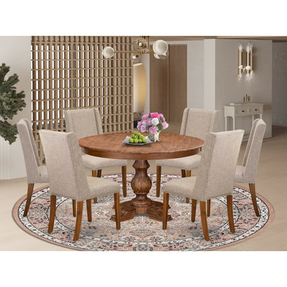 7-Piece Kitchen Table A Wood Table And 6 Light Tan Linen Fabric Dinner Chair