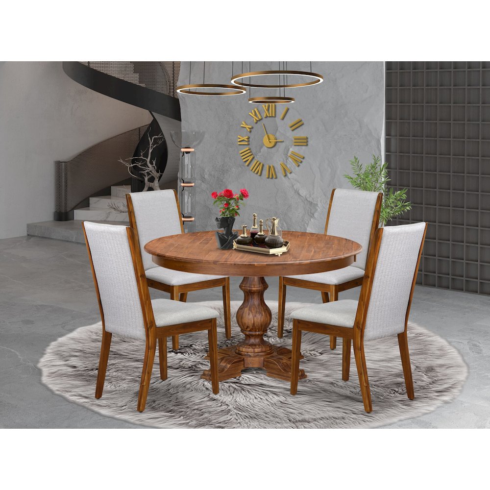 5-Piece Kitchen Table Set A Mid Century Table, 4 Grey Fabric Upholstered Chairs
