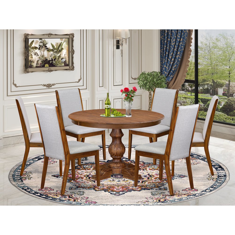 7-Piece Mid Century Dining Table Set Of A Wood Dining Table, 6 Grey Chairs