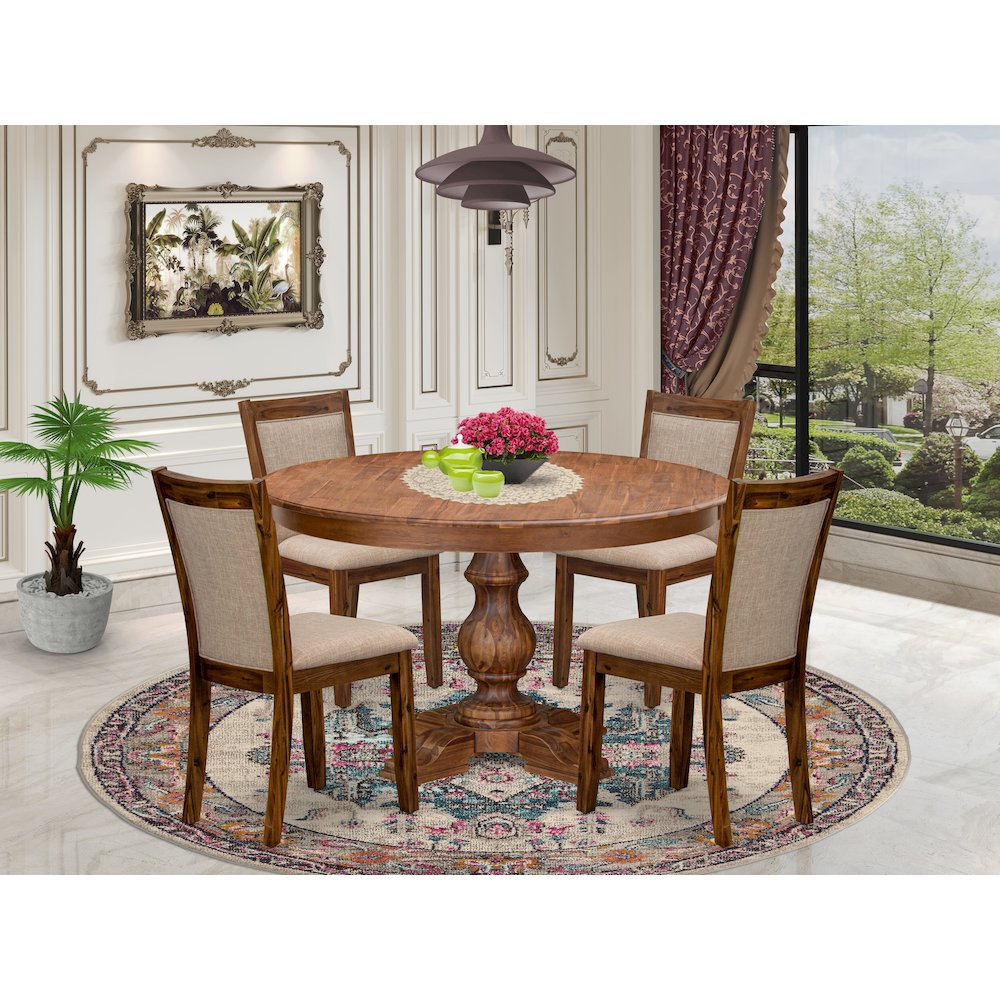 5-Pc Dining Set Of A Pedestal Kitchen Table, 4 Light Tan Fabric Kitchen Chairs