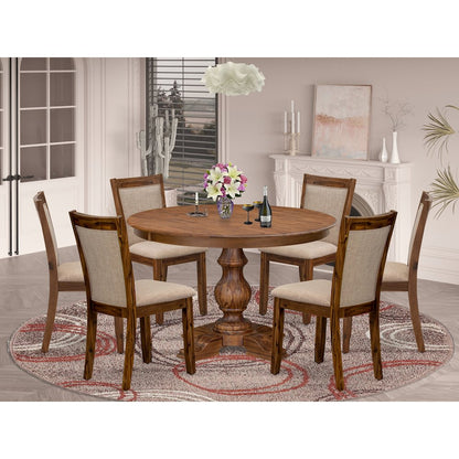 7-Pc Dining Set Of A Pedestal Dinner Table, 6 Light Tan Fabric Padded Chairs