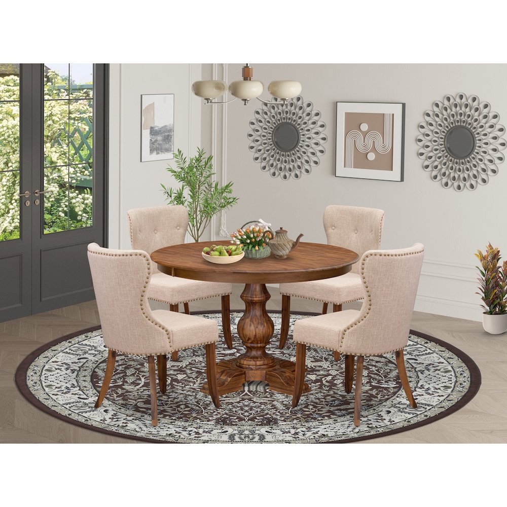 5-Pc Kitchen Set A Pedestal Wooden Table, 4 Light Tan Fabric Kitchen Chairs