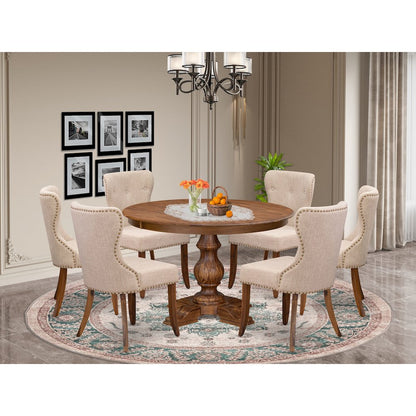 7-Pc Kitchen Set Of A Pedestal Dining Table, 6 Light Tan Fabric Kitchen Chairs