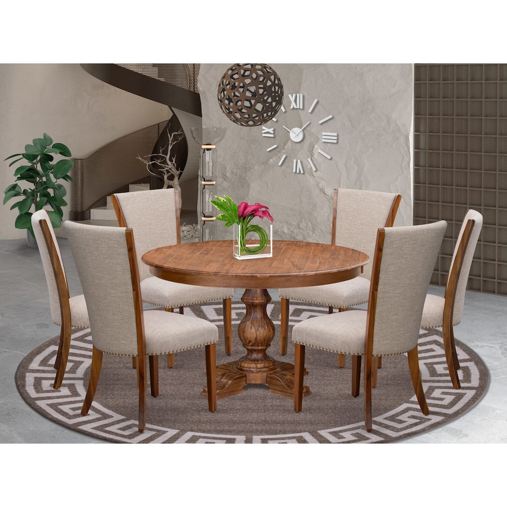 7 Piece Dinette Set Consists Of 54" Round Dining Table In Light Tan Color