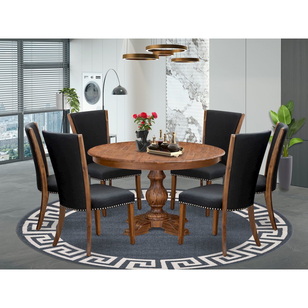 7 Piece Kitchen Table Set Includes 54" Round Table In Black Color