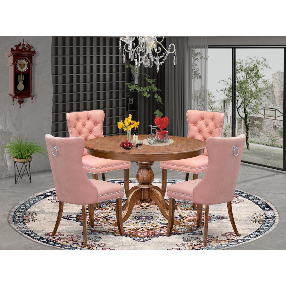 5-Pc Dinner Table Set Consist A Wood Dining Table And 4 Beige Red Parson Chairs