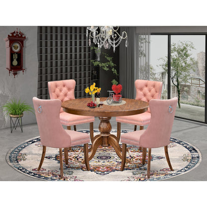 5-Pc Dinner Table Set Consist A Wood Dining Table And 4 Beige Red Parson Chairs