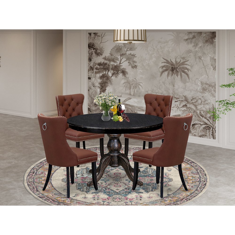 5 Piece Dining Table Set Consists Of 48" Round Table In Burgandy Color