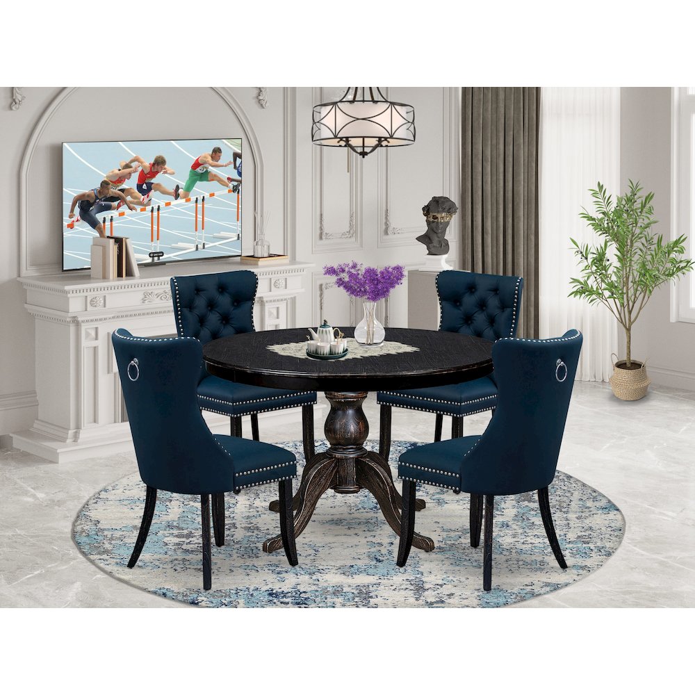 5 Piece Dining Table Set Includes 48" Round Table In Navy Blue Color