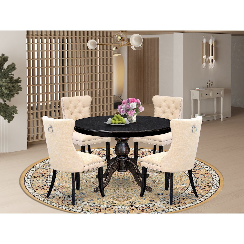 5-Pc Dining Rom Set A Modern Table, 4 Light Beige Linen Fabric Dining Chairs