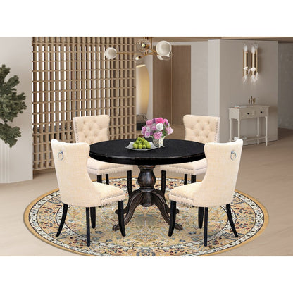 5-Pc Dining Rom Set A Modern Table, 4 Light Beige Linen Fabric Dining Chairs