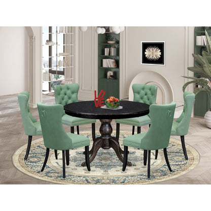 7 Piece Dinette Set Consists Of 48" Round Table In Willow Green Color