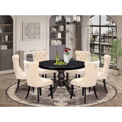 7-Piece Dining A Dining Table And 6 Light Beige Linen Fabric Parsons Chairs