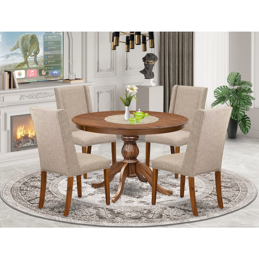 5-Piece Dinner Table Set Of A Dining Table, 4 Light Tan Fabric Mid Century Chair