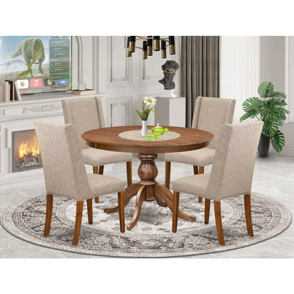 5-Piece Dinner Table Set Of A Dining Table, 4 Light Tan Fabric Mid Century Chair