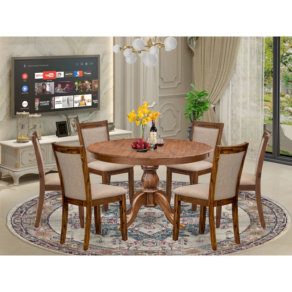 7-Pc Modern Dining Set Of A Pedestal Dining Table, 6 Light Tan Parson Chairs