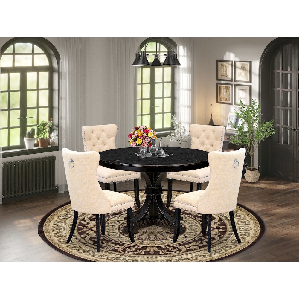 5-Piece Kitchen Set Of A Wood Table, 4 Light Beige Linen Fabric Dining Chair