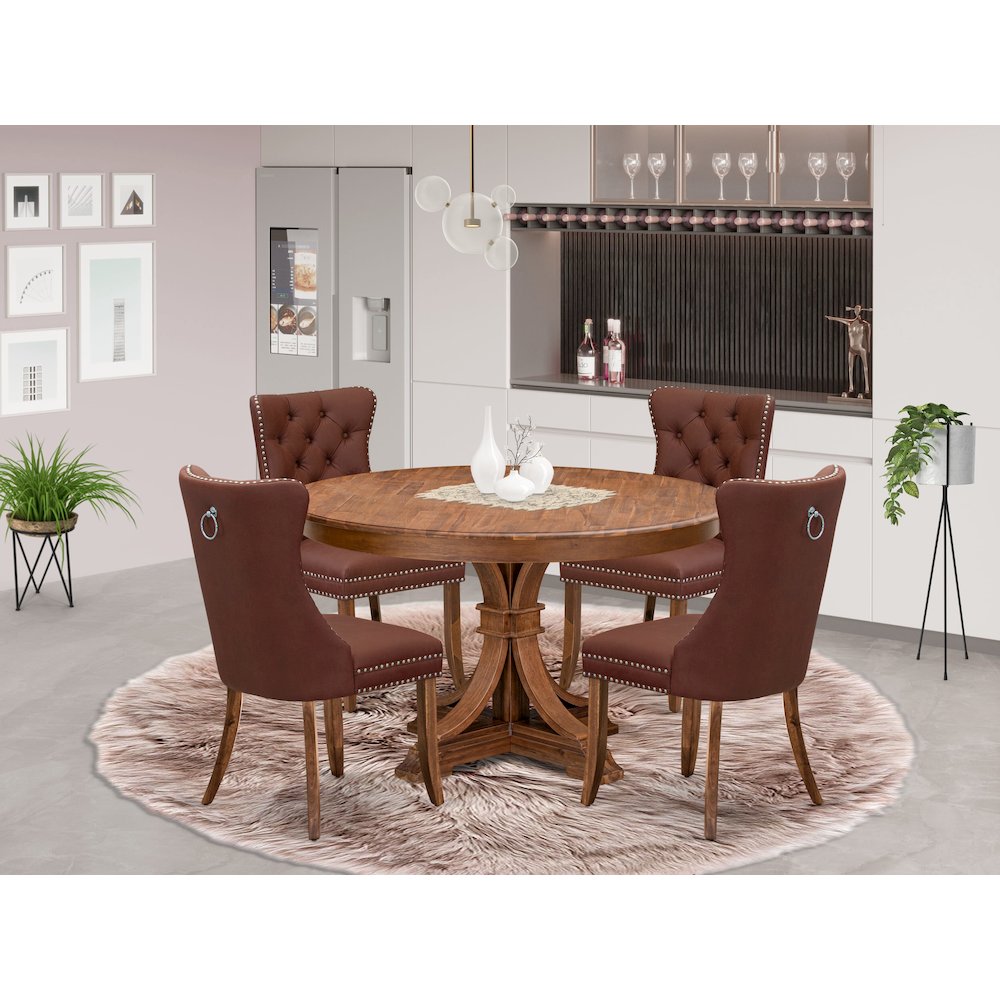 5-Pc Mid Century Modern Set Consist A Table And 4 Burgundy Upholstered Chairs