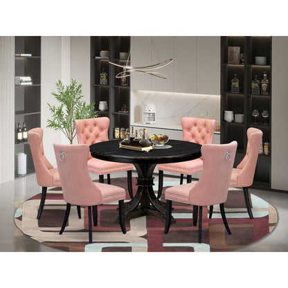 7 Piece Dining Set Consists Of 48" Round Table In Beige Red Color