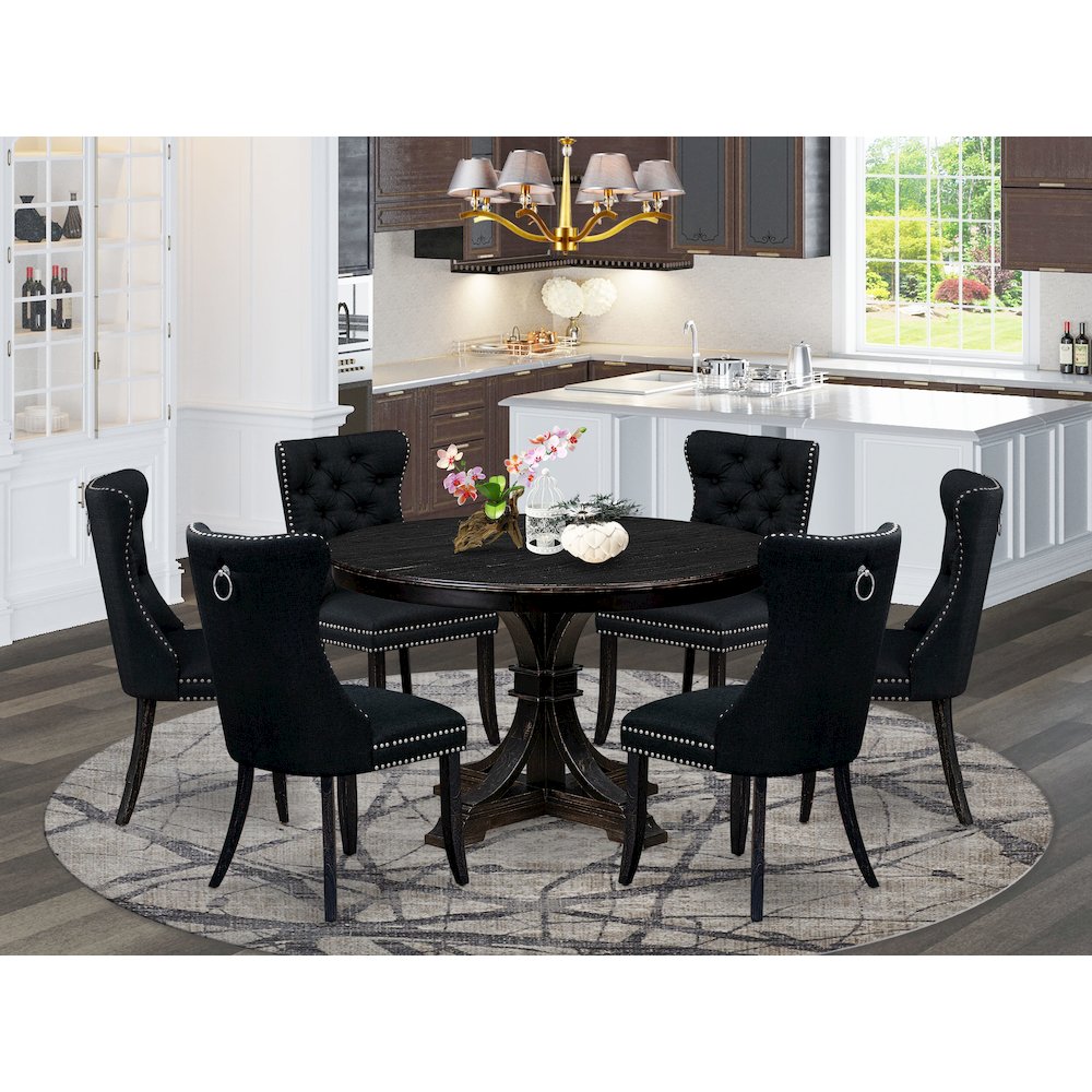 7 Piece Kitchen Table Set Includes 48" Round Table In Black Color