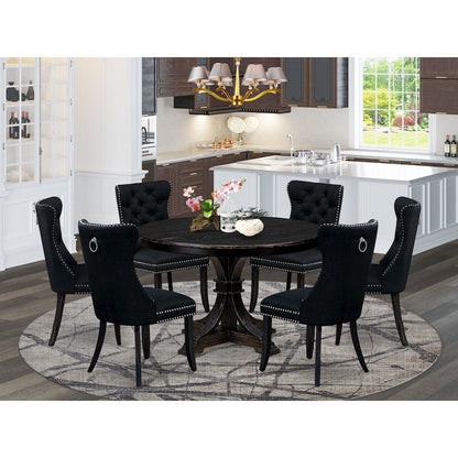 7 Piece Kitchen Table Set Includes 48" Round Table In Black Color