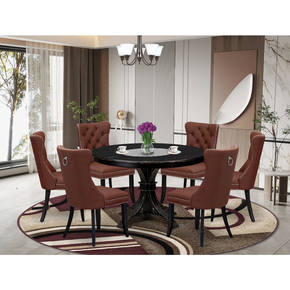 7 Piece Dining Table Set Consists Of 48" Round Table In Burgandy Color