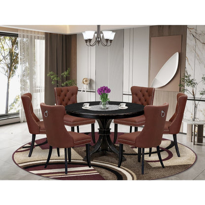 7 Piece Dining Table Set Consists Of 48" Round Table In Burgandy Color