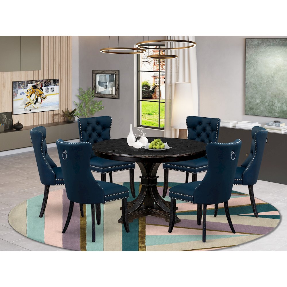7 Piece Dining Table Set Includes 48" Round Table In Navy Blue Color