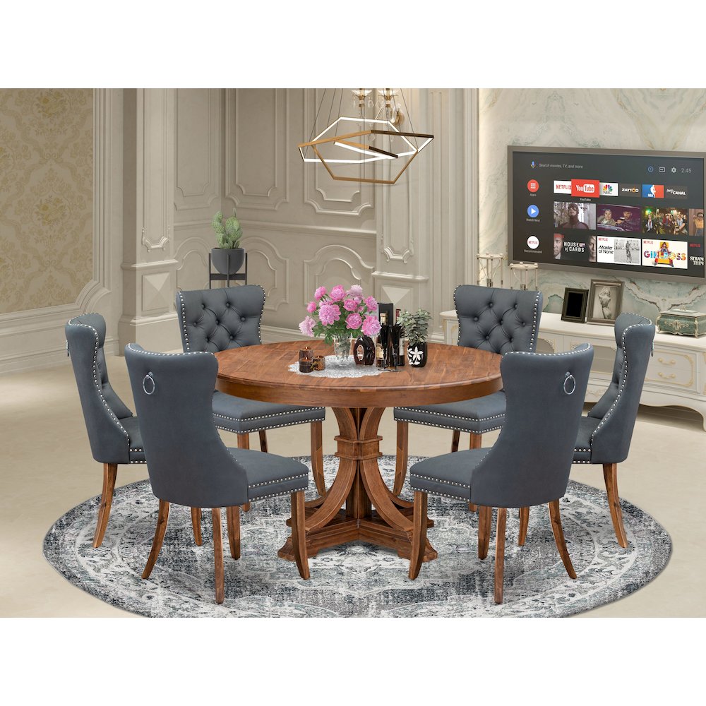 7-Piece Modern Dining Room Set Of A Kitchen Table, 6 Platinum Gray Dining Chairs