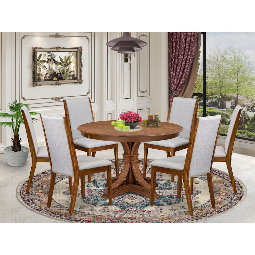 7-Piece Dining Room Set A Modern Table, 6 Grey Linen Fabric Dining Chairs