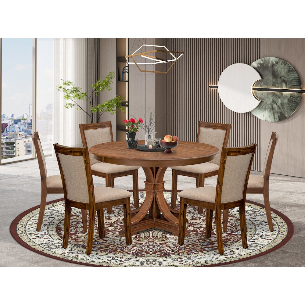 7-Pc Kitchen Set Of A Pedestal Round Table, 6 Light Tan Fabric Dining Chairs