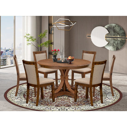 7-Pc Kitchen Set Of A Pedestal Round Table, 6 Light Tan Fabric Dining Chairs