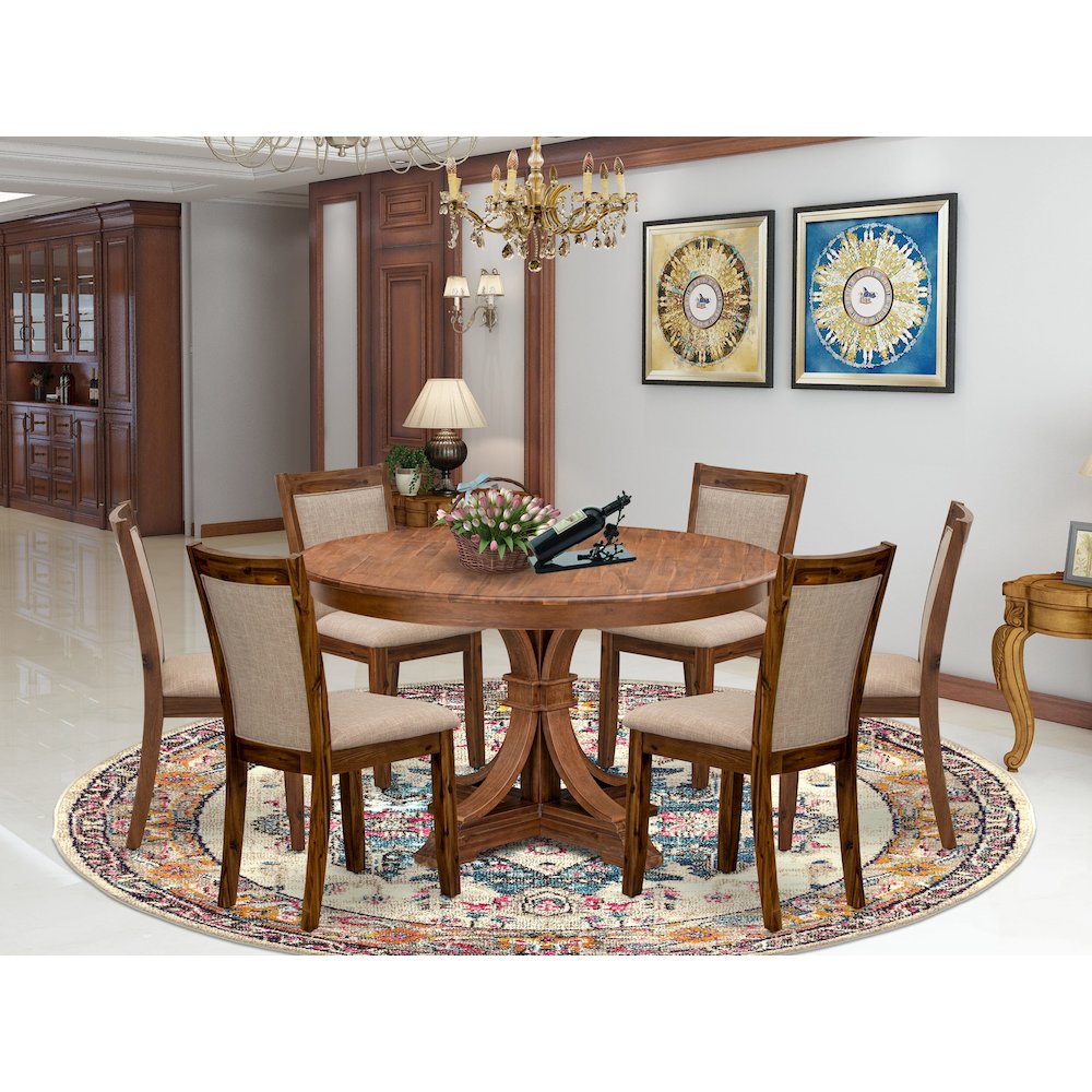 7-Pc Kitchen Table Set Of A Pedestal Kitchen Table, 6 Light Tan Fabric Chairs