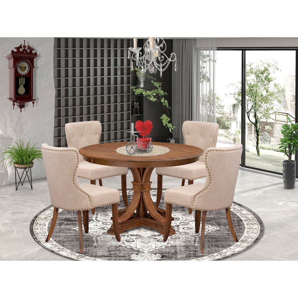 5-Pc Kitchen Set A Pedestal Wooden Round Table, 4 Light Tan Fabric Padded Chairs