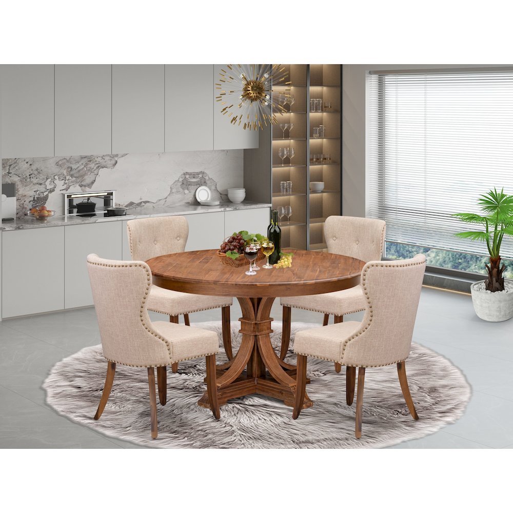 5-Pc Kitchen Table Set A Pedestal Dinner Table, 4 Light Tan Fabric Dining Chairs