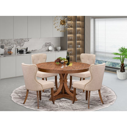 5-Pc Kitchen Table Set A Pedestal Dinner Table, 4 Light Tan Fabric Dining Chairs
