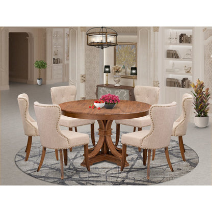 7-Pc Dining Set Of A Pedestal Kitchen Table, 6 Light Tan Fabric Parson Chairs