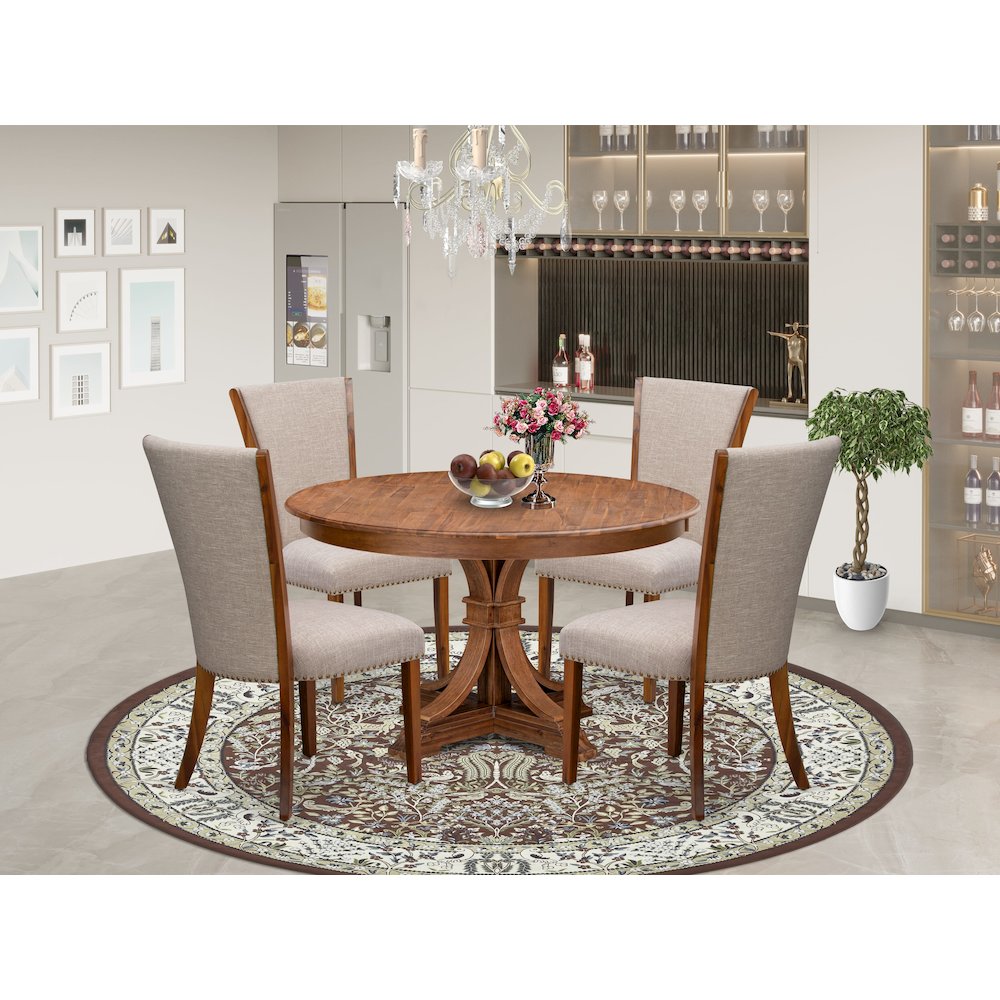 5 Piece Kitchen Table Set Contains 54" Round Table In Light Tan Color
