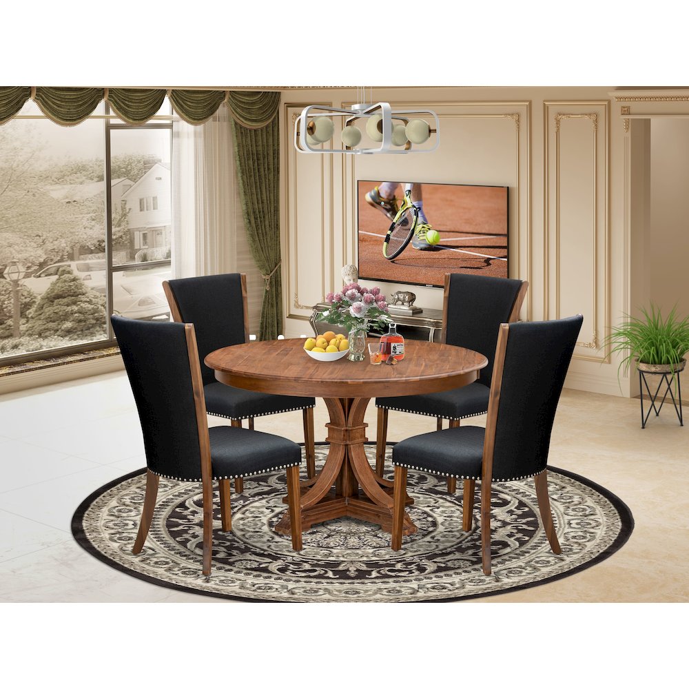 5 Piece Dinette Set For 4 Consists Of 54" Round Table In Black Color