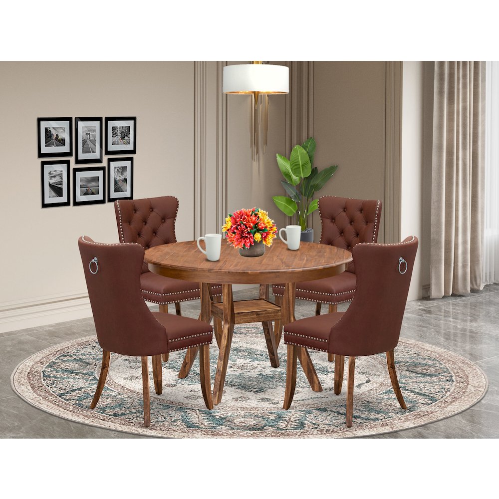 5-Pc Mid Century Dining Set Contain A Table And 4 Burgundy Upholstered Chairs