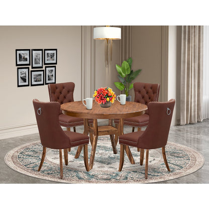 5-Pc Mid Century Dining Set Contain A Table And 4 Burgundy Upholstered Chairs