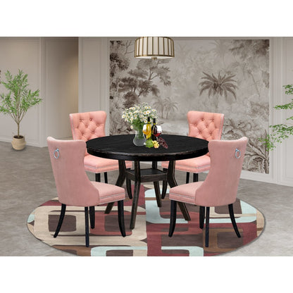 5 Piece Dining Set For 4 Contains 48" Round Table In Beige Red Color