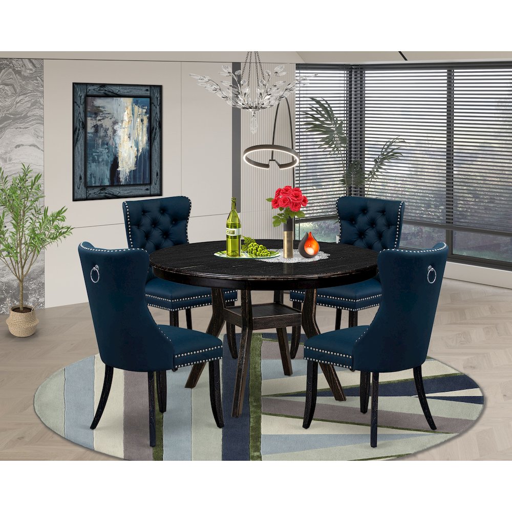 5 Piece Dining Table Set Consists Of 48" Round Table In Navy Blue Color