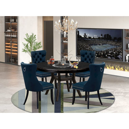 5 Piece Dining Table Set Consists Of 54" Round Table In Navy Blue Color