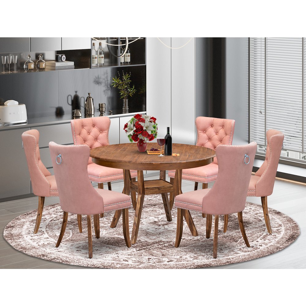 7-Pc Modern Dining Table Set Include A Modern Table, 6 Beige Red Dining Chairs