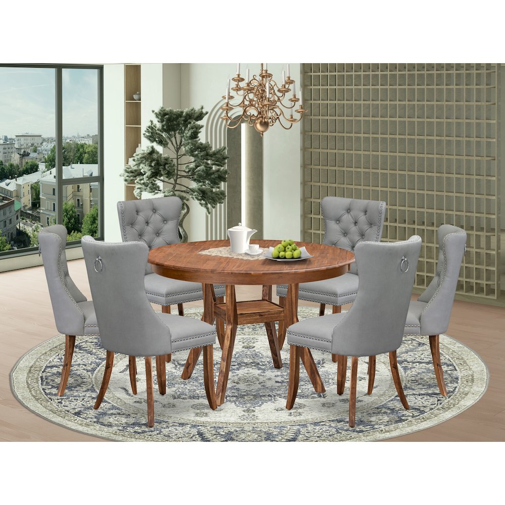 7-Pc Dinner Table Set Include A Modern Table And 6 Light Gray Upholstered Chairs
